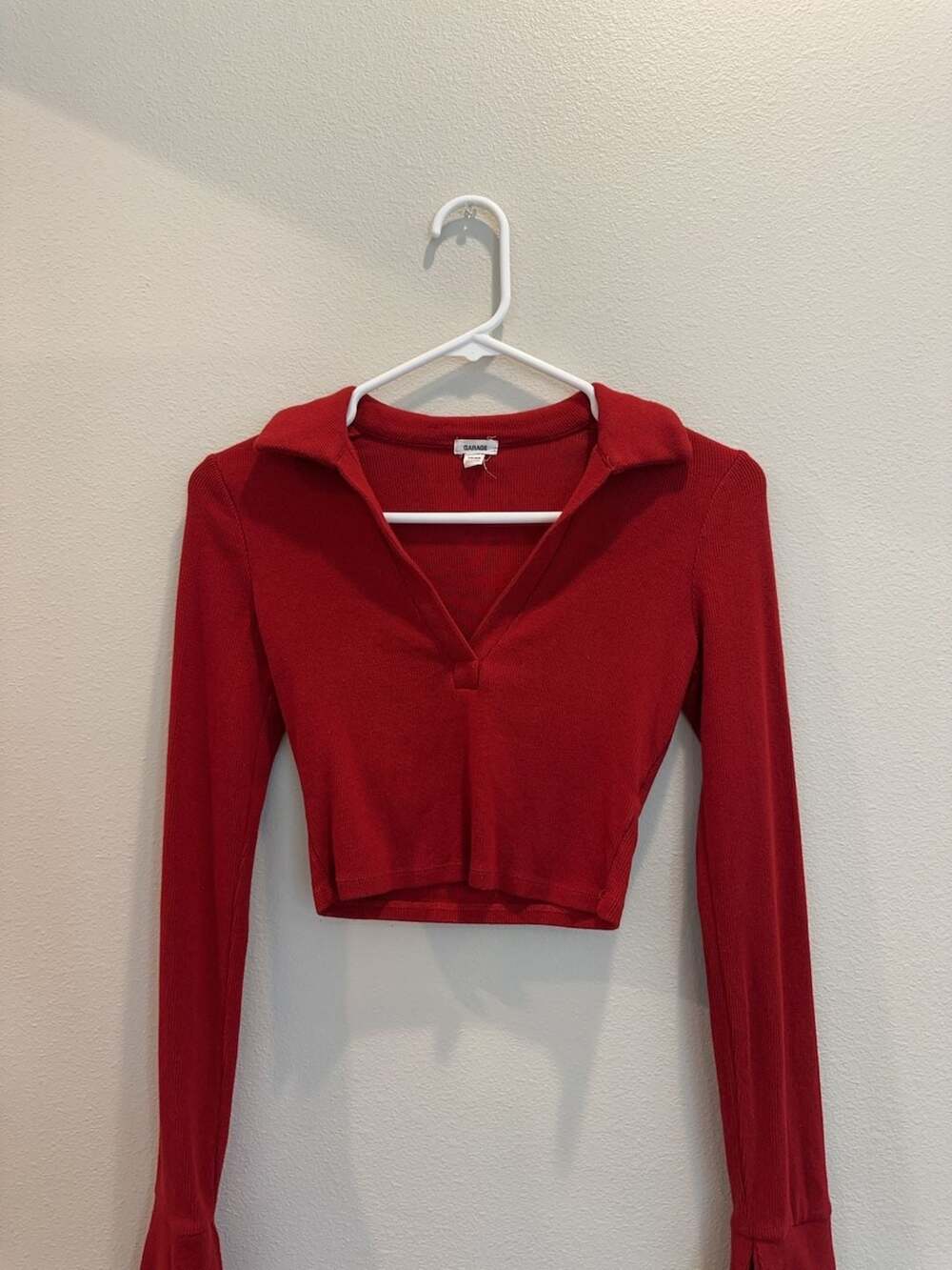 Garage Caroline Red Ribbed Long Sleeve Collared Crop Top Size XS